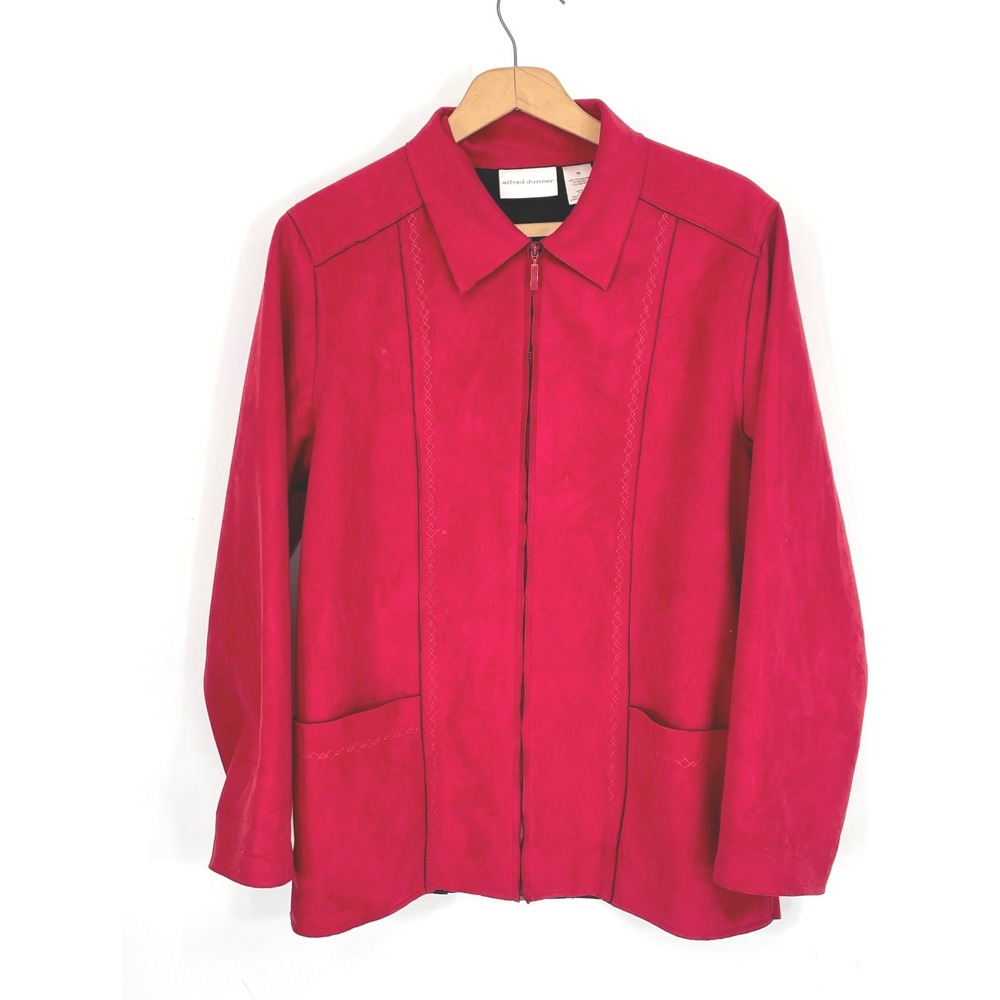 Alfred Dunner Womens Size 10 Red Faux Suede Zip Front Jacket Embroidered